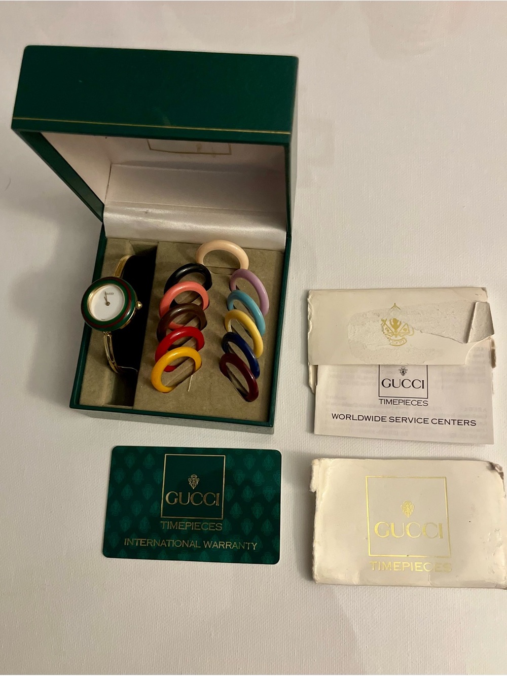 Vintage Gucci 1100L Interchangeable Bezel Bangle Watch 12 Colors + Original Box.